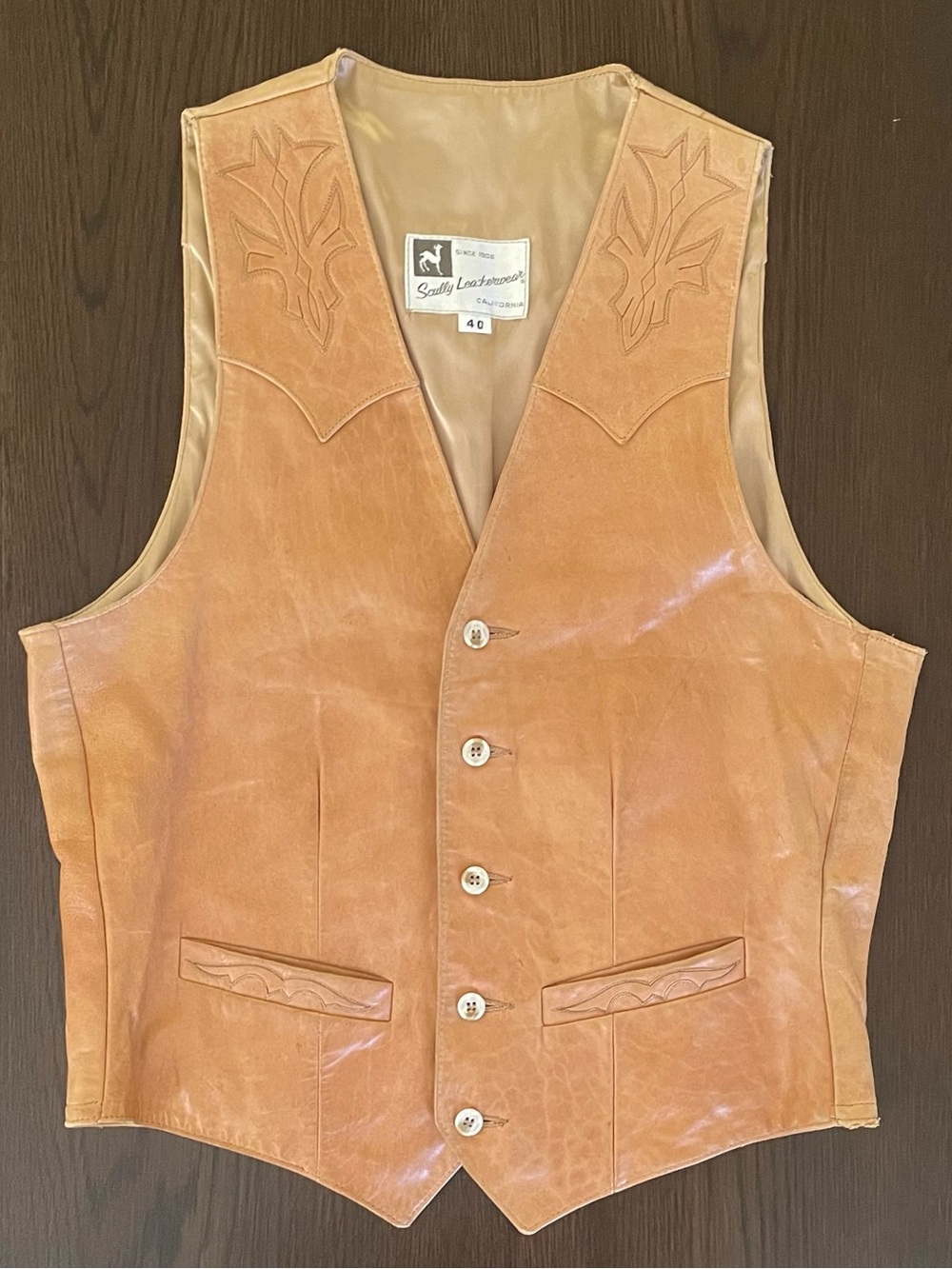 VTG Scully Leatherwear Western Vest Men's Size 40 Tan Leather 70s Made in USA